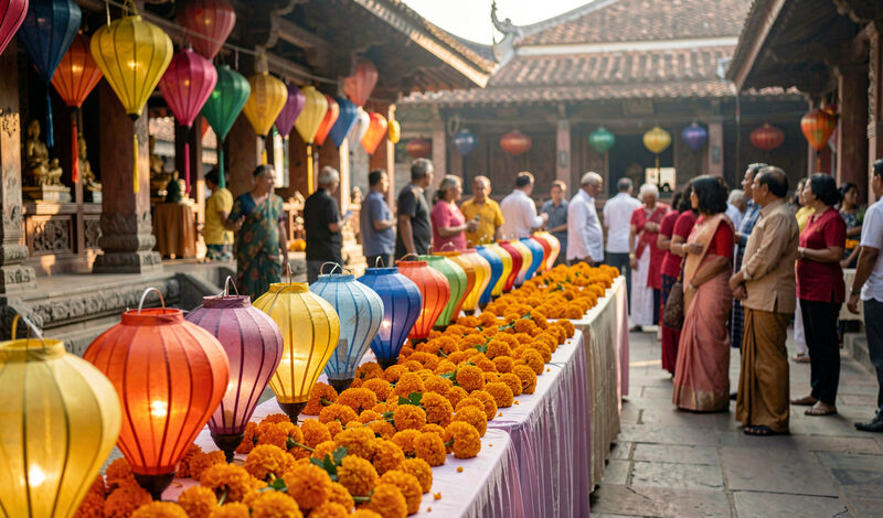 Colourful paper lanterns and flowers on tables in a temple courtyard with people gathering in soft light.