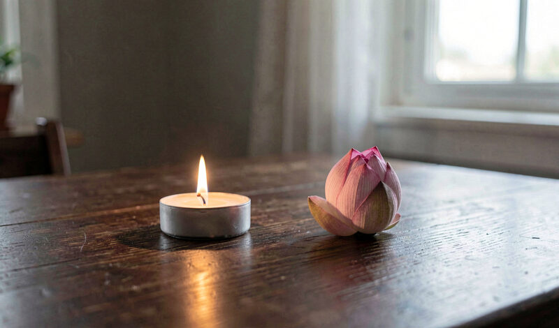 A small white candle and a single lotus bud on a wooden table in a quiet room.