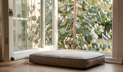 A meditation cushion beside an open window with eucalyptus trees in morning light