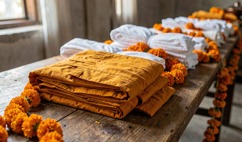 Folded golden monk robes and white cloth bundles on a long table with garlands at a temple.