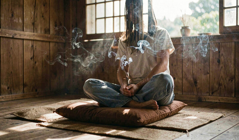 A person sitting cross-legged on a brown cushion in a quiet timber room with morning light through a window.