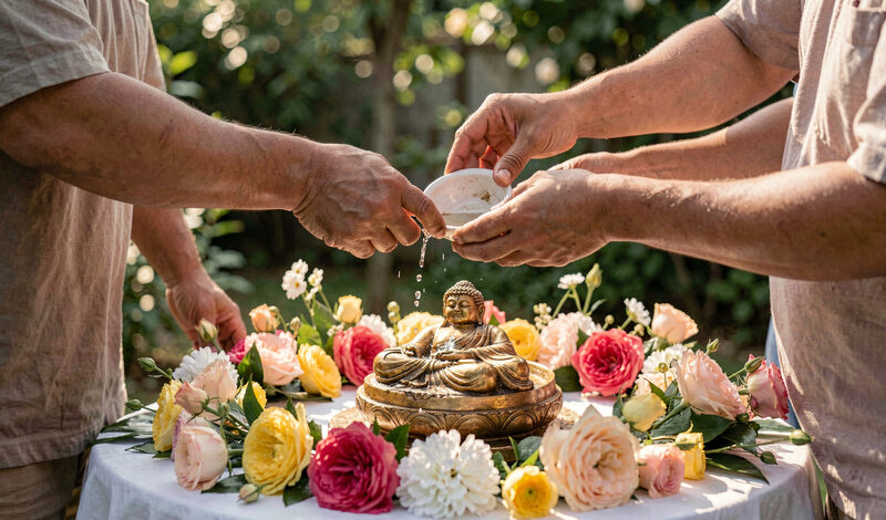 People gently pouring scented water over a Buddha statue on a table decorated with flowers outdoors.