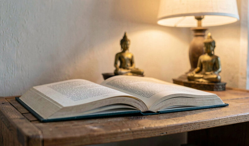 An open paperback book with a brass Buddha statue softly out of focus in the background on a wooden shelf.