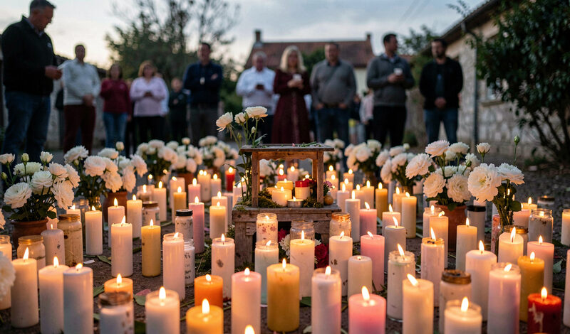 Rows of lit candles and flowers around a shrine at dusk with people standing quietly in the background.