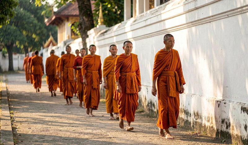 A row of saffron-robed monks walking barefoot on a shaded path beside a temple wall in warm light.
